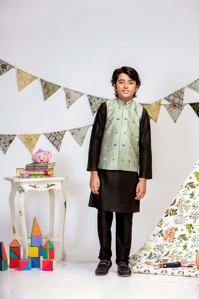 Payal singhal kids Green Geometric Lotus Print Silkmul Bandi And Kurta Set black green festive kidswear online shopping melange singapore indian designer wear