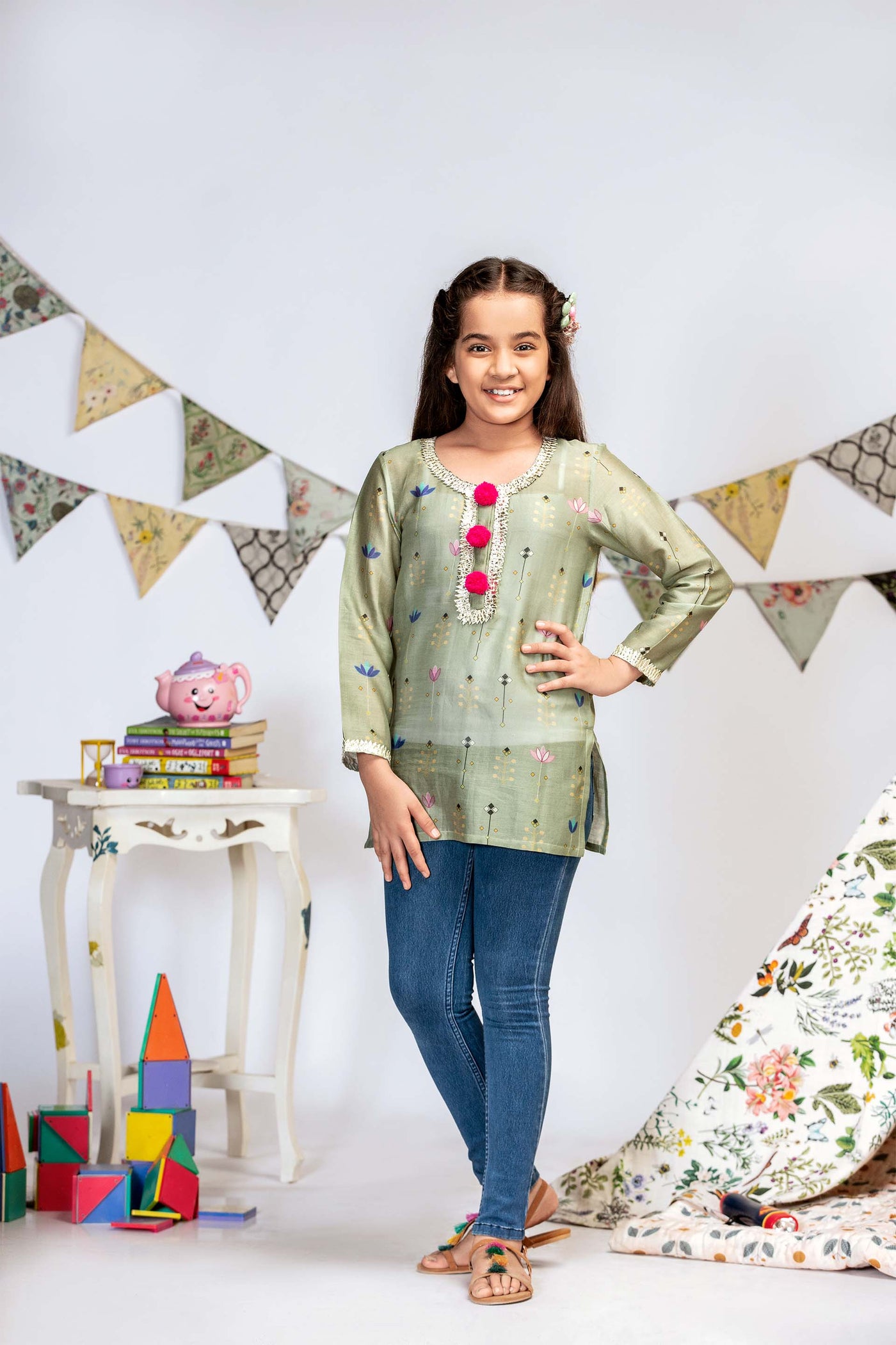 Payal singhal kids Green Geometric Lotus Print Silkmul Tunic girls festive kidswear online shopping melange singapore indian designer wear