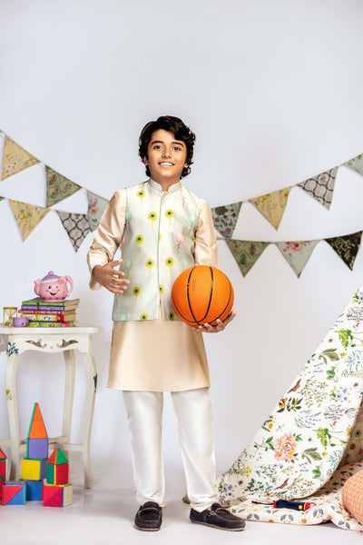 Payal Singhal kids Grey Meadow Print Silkmul Bandi And Kurta Set festive kidswear online shopping melange singapore indian designer wear