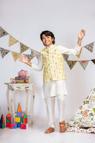 Payal Singhal kids Yellow Fish Print Silkmul Bandi And Kurta Set festive kidswear online shopping melange singapore indian designer wear