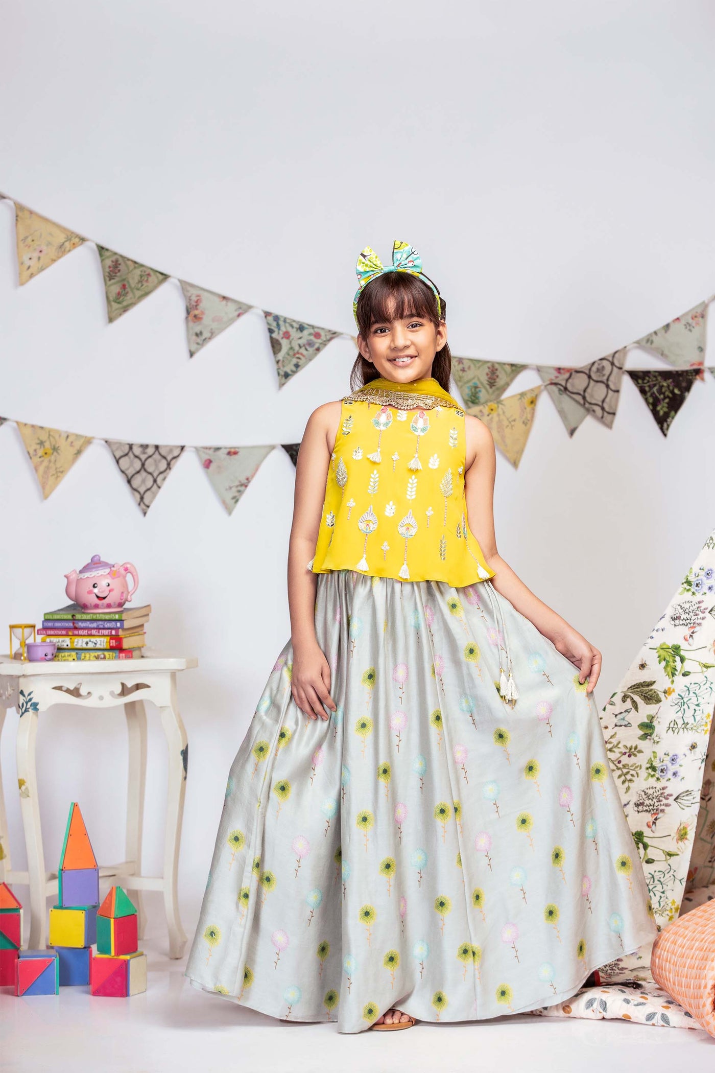 Payal singhal kids Grey Meadow Print Lehenga And Top Set festive kidswear online shopping melange singapore indian designer wear