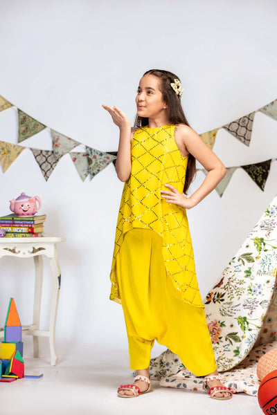 Payal singhal kids Yellow High-Low Tunic Set festive kidswear online shopping melange singapore indian designer wear
