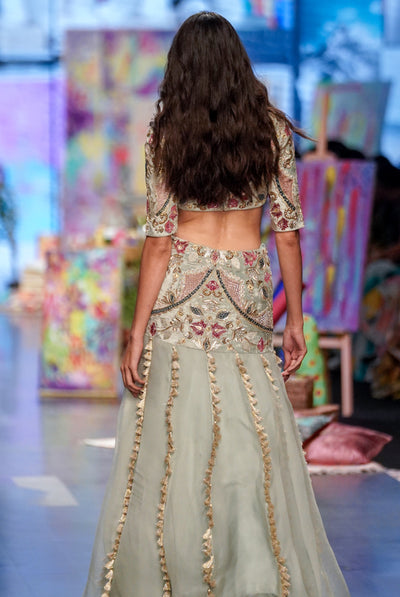 payal singhal Kresha Powder Blue Embroidered Choli And Velvet Embroidered Basque Organza Lehenga With Net Dupatta festive indian designer wear online shopping melange singapore