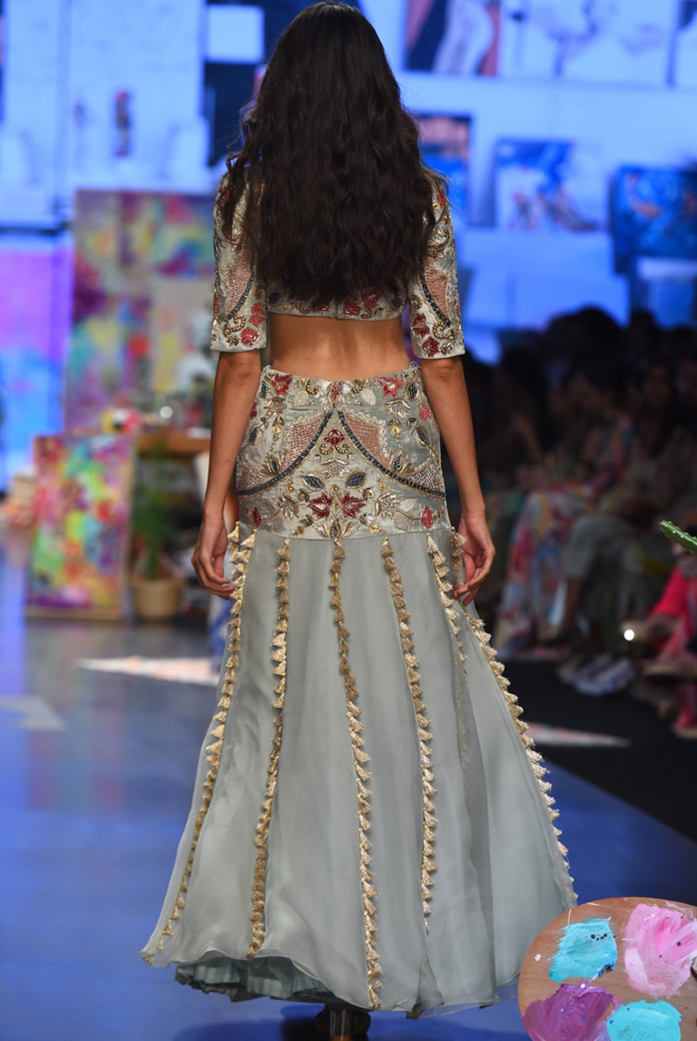 payal singhal Kresha Powder Blue Embroidered Choli And Velvet Embroidered Basque Organza Lehenga With Net Dupatta festive indian designer wear online shopping melange singapore
