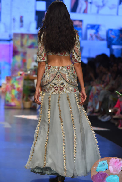 payal singhal Kresha Powder Blue Embroidered Choli And Velvet Embroidered Basque Organza Lehenga With Net Dupatta festive indian designer wear online shopping melange singapore