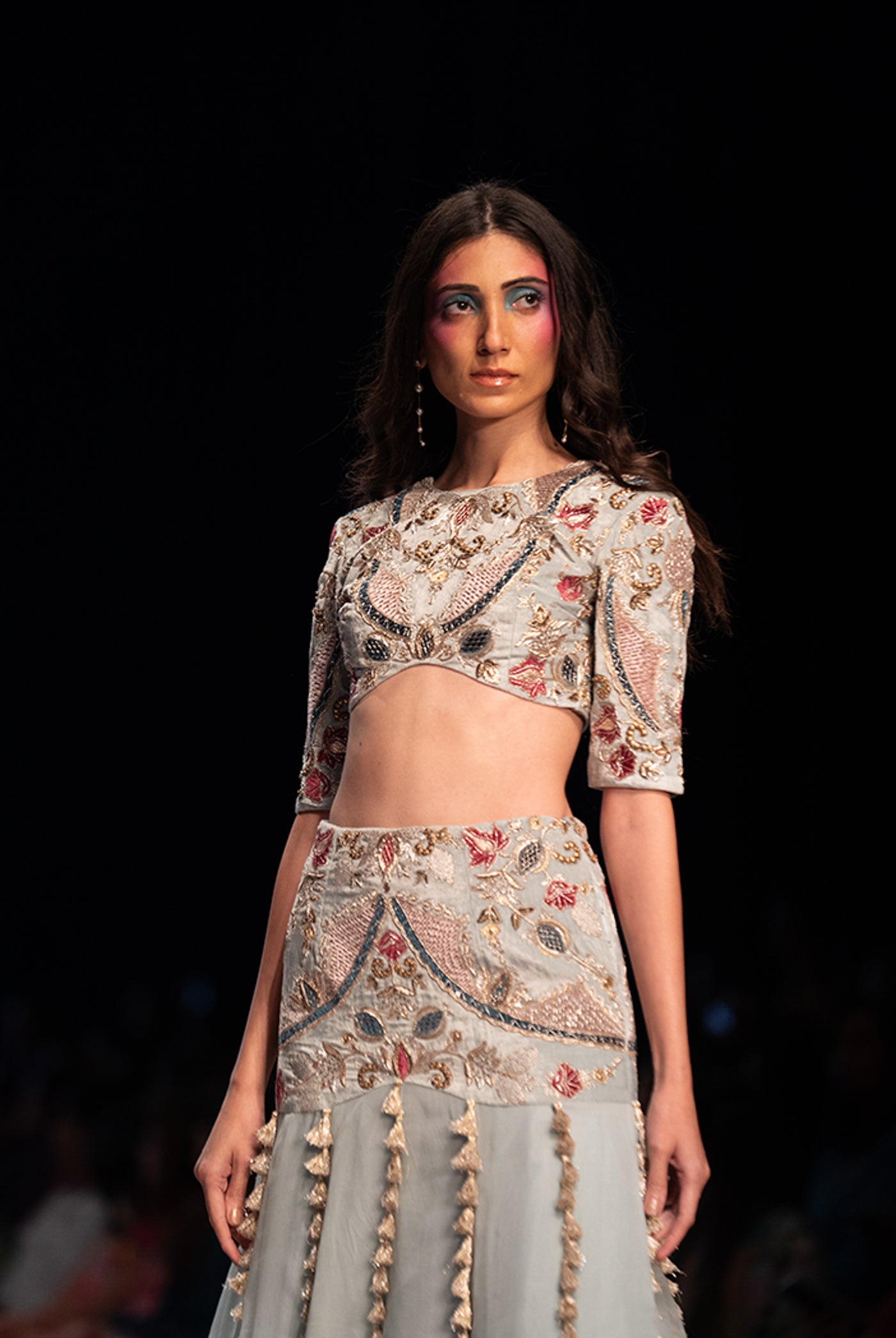 payal singhal Kresha Powder Blue Embroidered Choli And Velvet Embroidered Basque Organza Lehenga With Net Dupatta festive indian designer wear online shopping melange singapore
