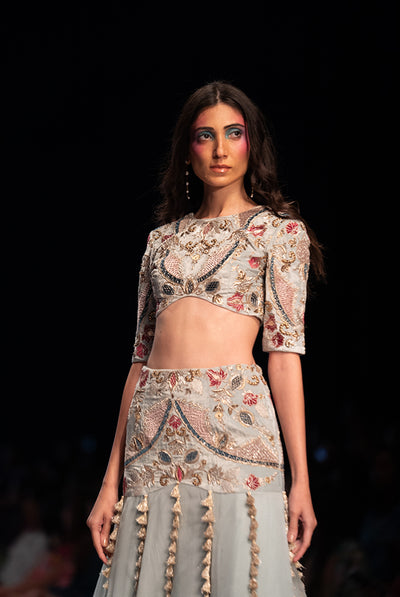 payal singhal Kresha Powder Blue Embroidered Choli And Velvet Embroidered Basque Organza Lehenga With Net Dupatta festive indian designer wear online shopping melange singapore