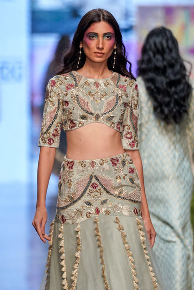 payal singhal Kresha Powder Blue Embroidered Choli And Velvet Embroidered Basque Organza Lehenga With Net Dupatta festive indian designer wear online shopping melange singapore