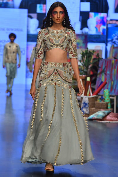 payal singhal Kresha Powder Blue Embroidered Choli And Velvet Embroidered Basque Organza Lehenga With Net Dupatta festive indian designer wear online shopping melange singapore