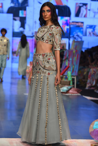 payal singhal Kresha Powder Blue Embroidered Choli And Velvet Embroidered Basque Organza Lehenga With Net Dupatta festive indian designer wear online shopping melange singapore