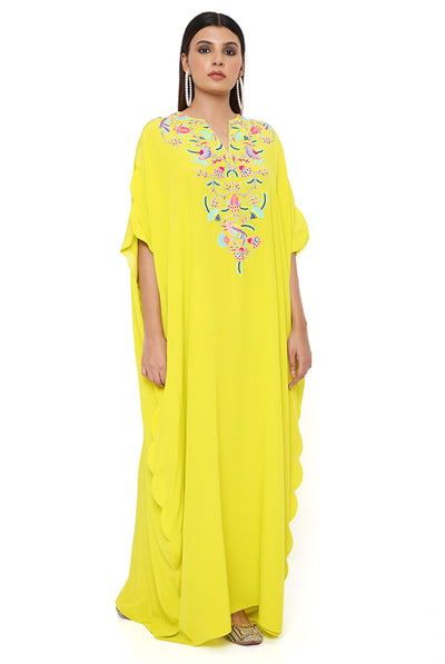 payal singhal Lime Crepe Embroidered Scalloped Kaftan online shopping melange singapore indian designer wear