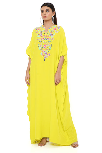 payal singhal Lime Crepe Embroidered Scalloped Kaftan online shopping melange singapore indian designer wear