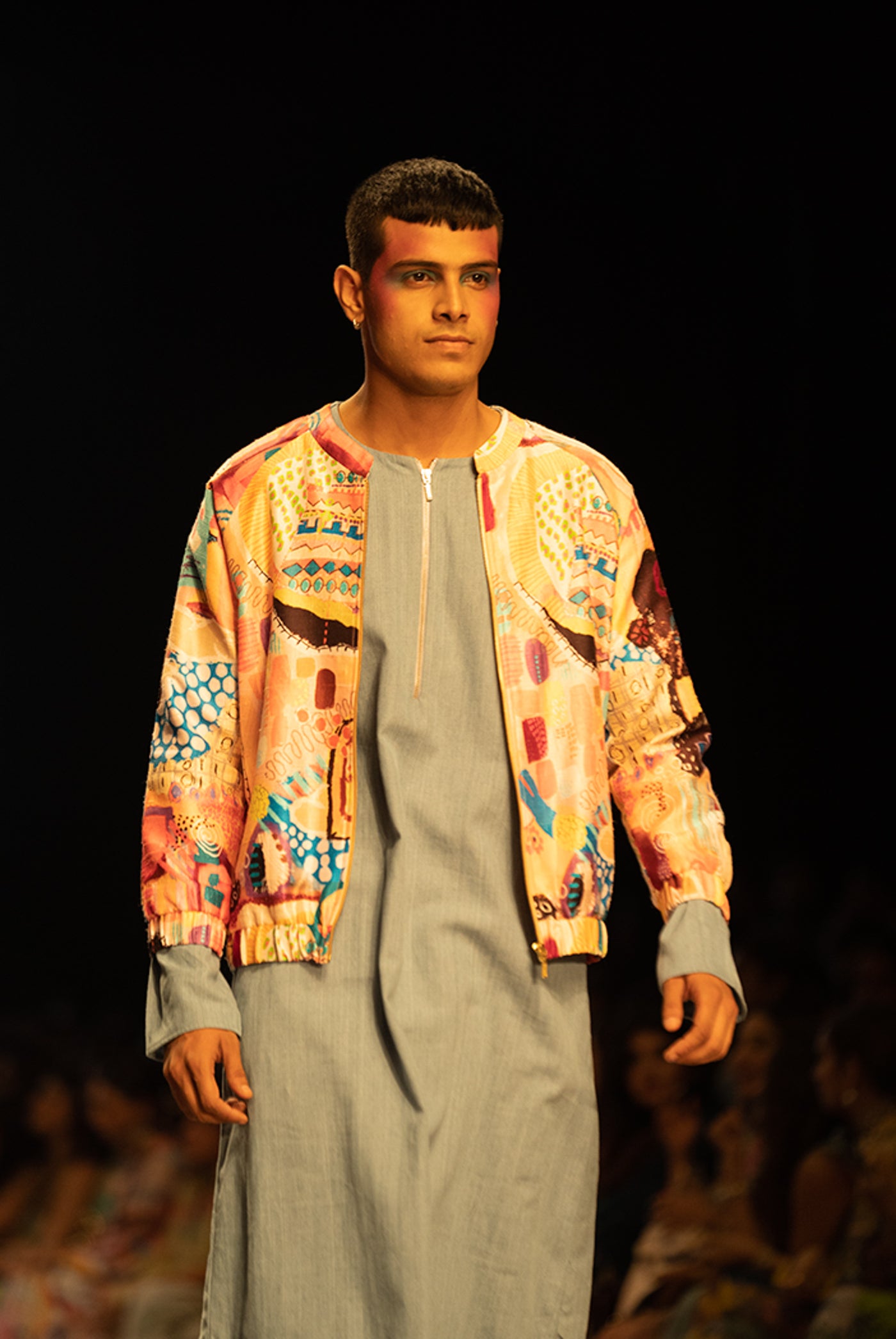 Payal singhal Lupin Trance Print Dupion Silk Bomber Jacket With Denim Kurta Set menswear festive indian designer wear online shopping melange singapore
