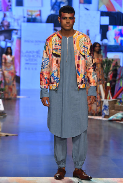 Payal singhal Lupin Trance Print Dupion Silk Bomber Jacket With Denim Kurta Set menswear festive indian designer wear online shopping melange singapore