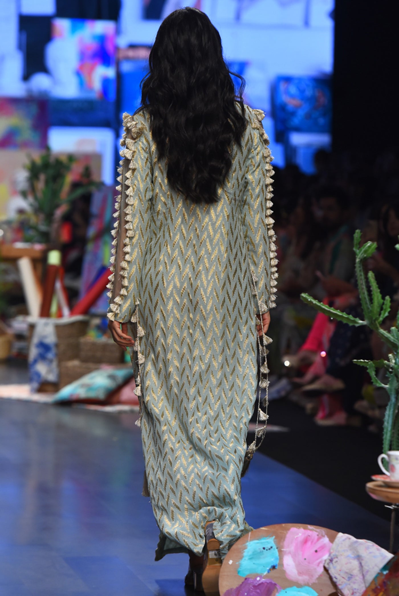 payal singhal Miraya Powder Blue Dash Ikat Banarasi Georgette Kaftan With Organza Detailed Sleeves festive fusion indian designer wear online shopping melange singapore