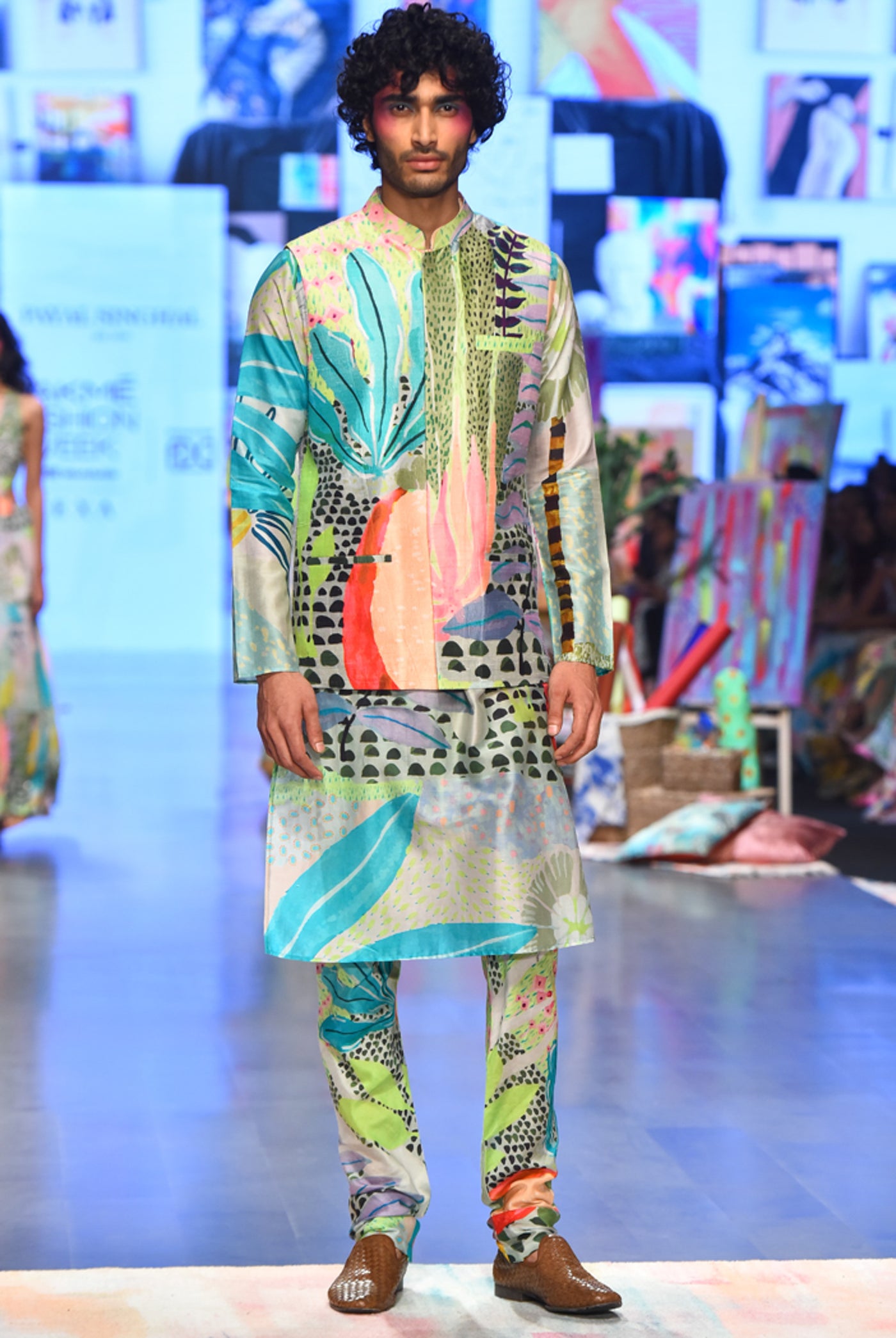 Payal singhal menswear Monet Tropical Print Dupion Silk Bandi With Silkmul Kurta And Churidar festive indian designer wear online shopping melange singapore