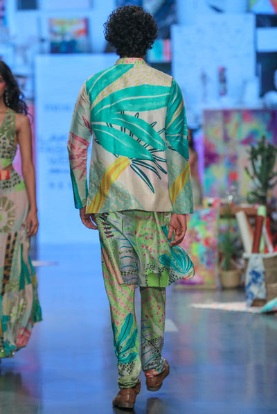Payal singhal menswear Monet Tropical Print Dupion Silk Bandi With Silkmul Kurta And Churidar festive indian designer wear online shopping melange singapore