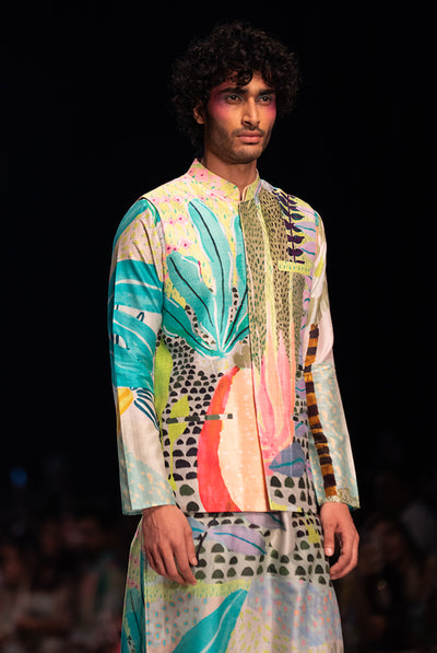 Payal singhal menswear Monet Tropical Print Dupion Silk Bandi With Silkmul Kurta And Churidar festive indian designer wear online shopping melange singapore