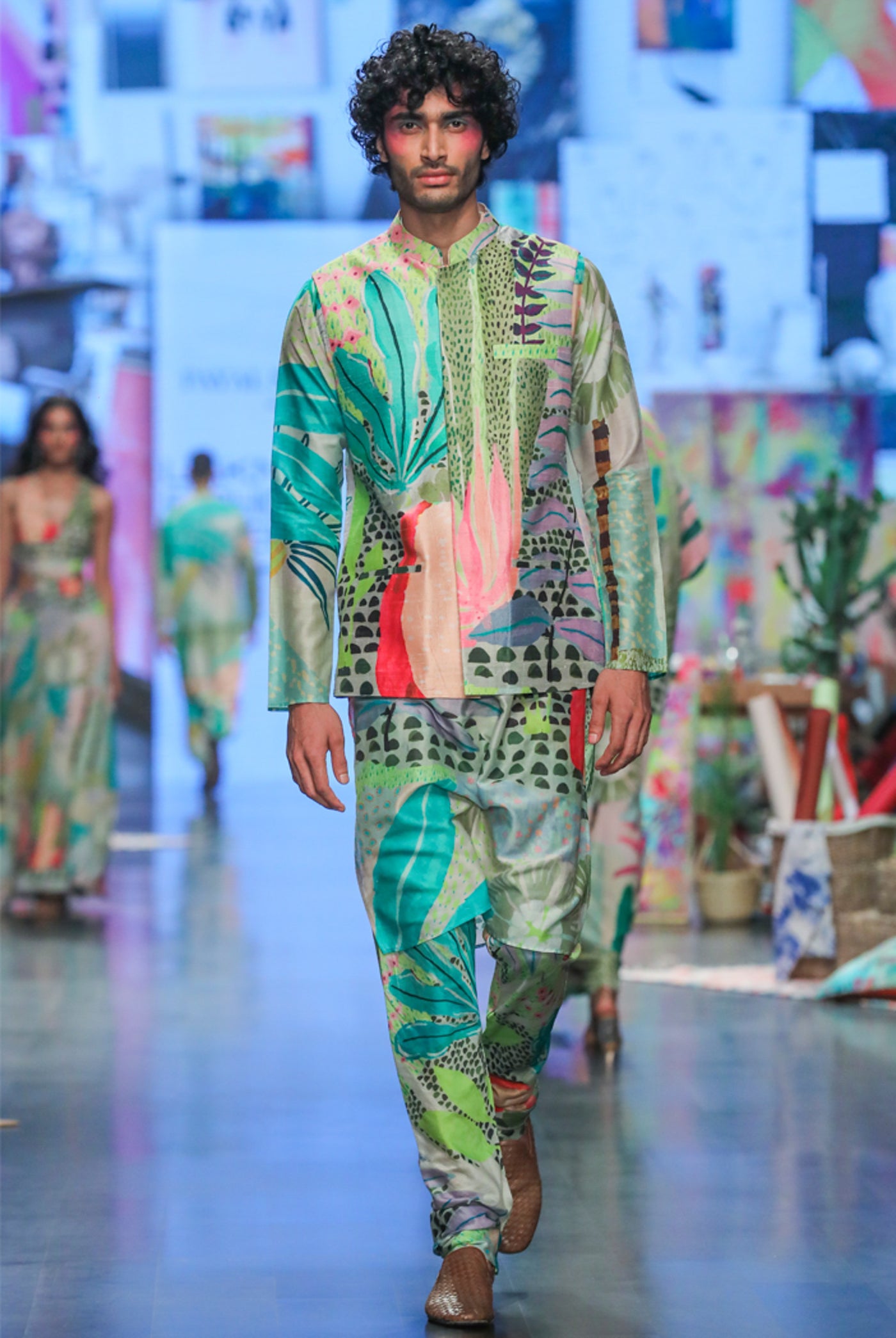 Payal singhal menswear Monet Tropical Print Dupion Silk Bandi With Silkmul Kurta And Churidar festive indian designer wear online shopping melange singapore