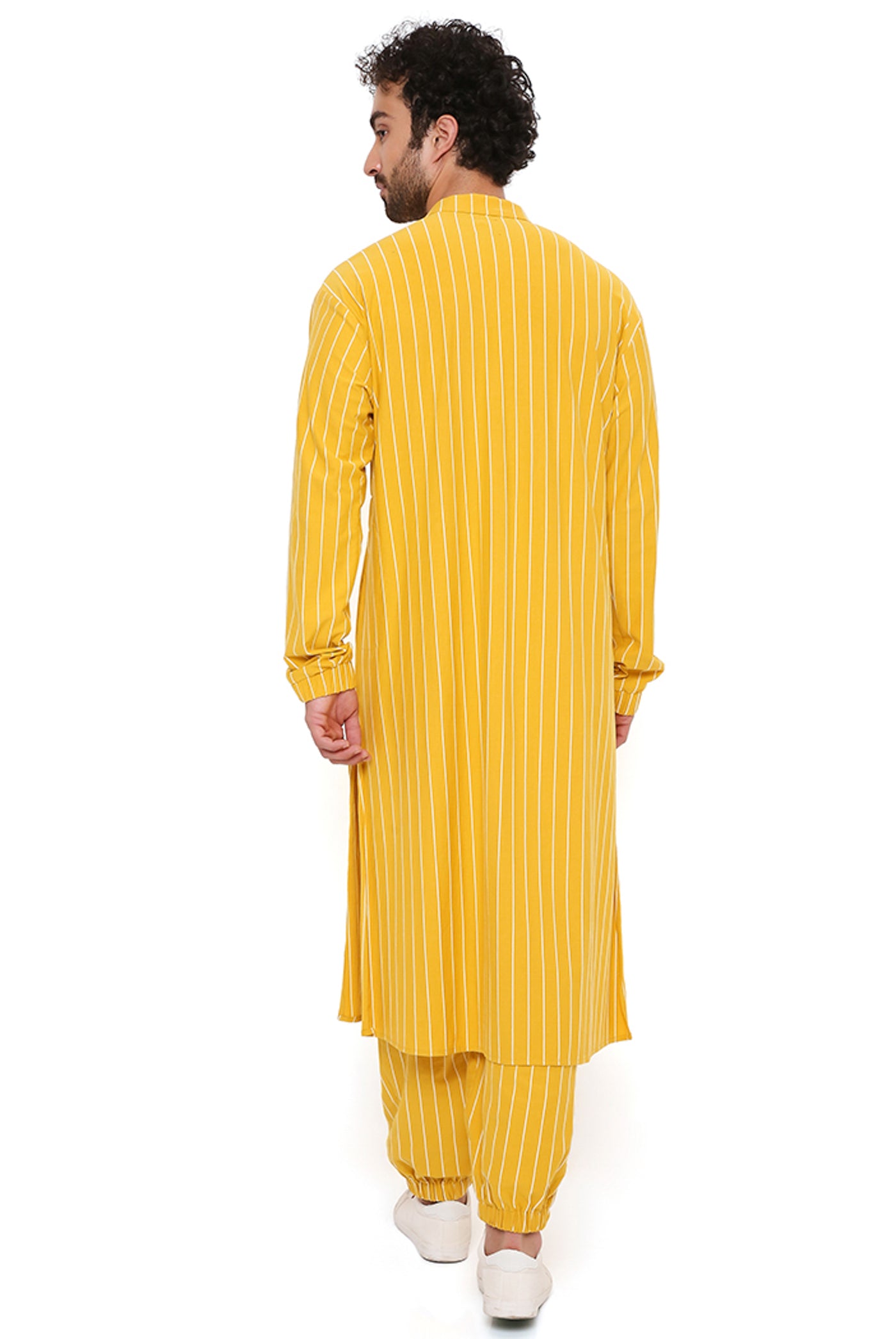 Payal singhal menswear Mustard Lycra Stripe Bomber Kurta With Jogger Pants festive indian designer wear online shopping melange singapore