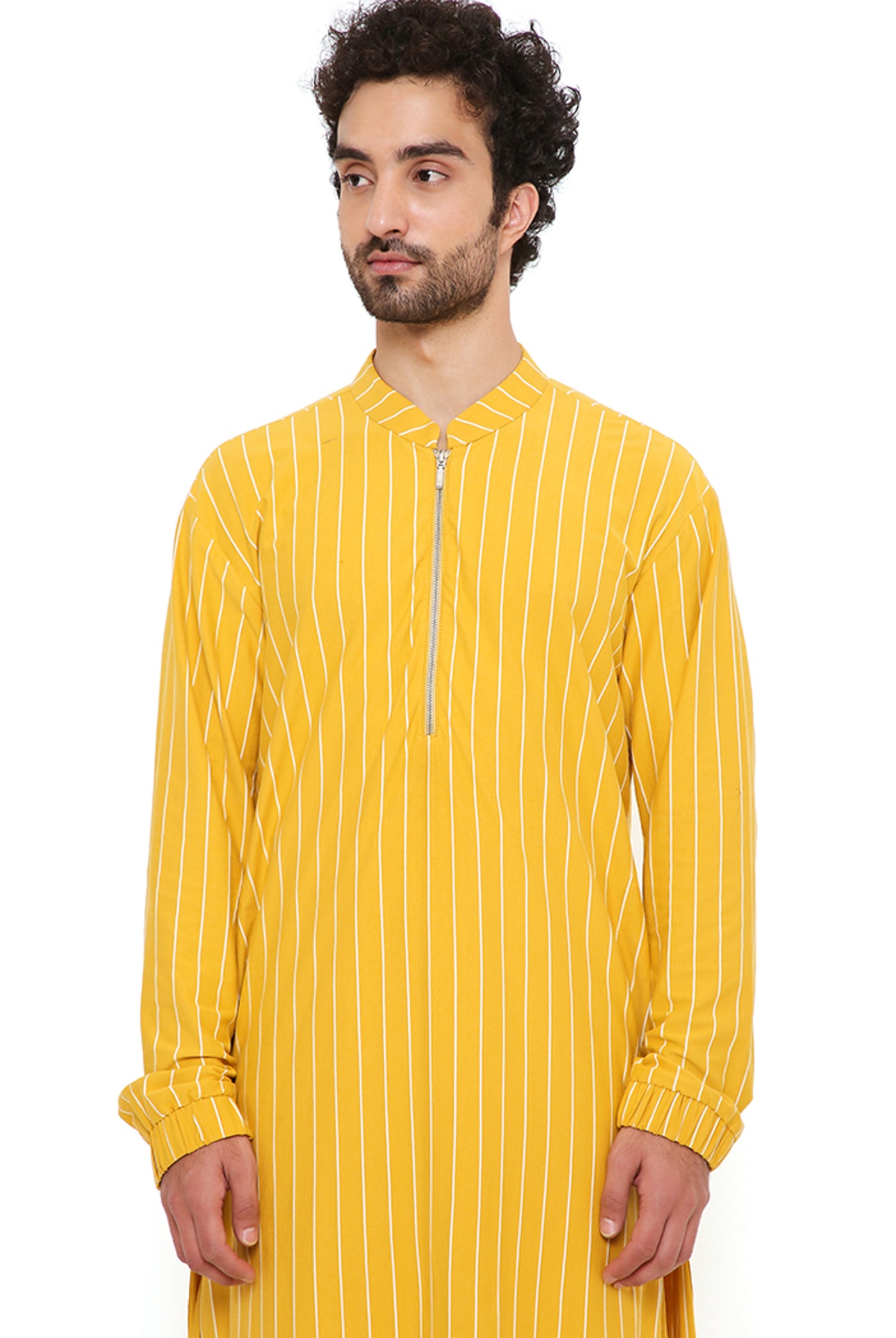 Payal singhal menswear Mustard Lycra Stripe Bomber Kurta With Jogger Pants festive indian designer wear online shopping melange singapore