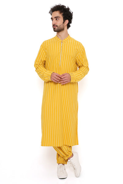 Payal singhal menswear Mustard Lycra Stripe Bomber Kurta With Jogger Pants festive indian designer wear online shopping melange singapore