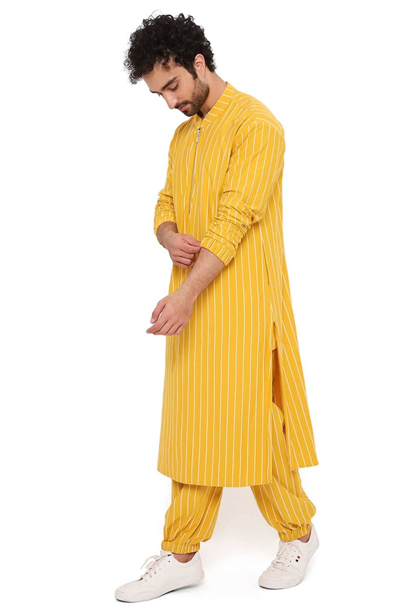 Payal singhal menswear Mustard Lycra Stripe Bomber Kurta With Jogger Pants festive indian designer wear online shopping melange singapore