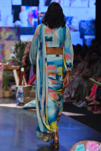 payal singhal Naisha Blue Painterly Print Georgette Embroidered Front Tie-Up Choli And Pre-stitched Saree With Embroidered Pallu blue festive fusion indian designer wear online shopping melange singapore