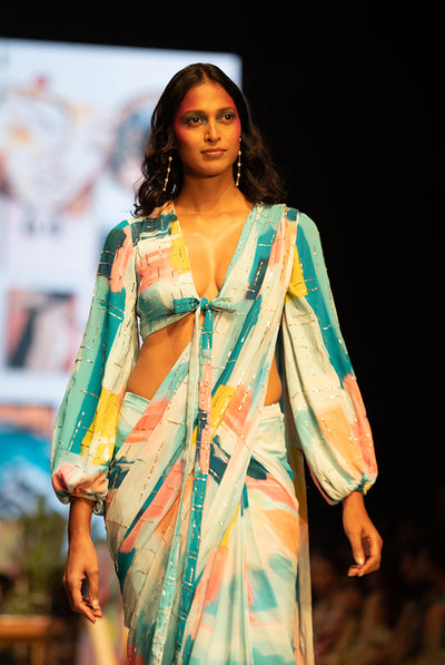 payal singhal Naisha Blue Painterly Print Georgette Embroidered Front Tie-Up Choli And Pre-stitched Saree With Embroidered Pallu blue festive fusion indian designer wear online shopping melange singapore