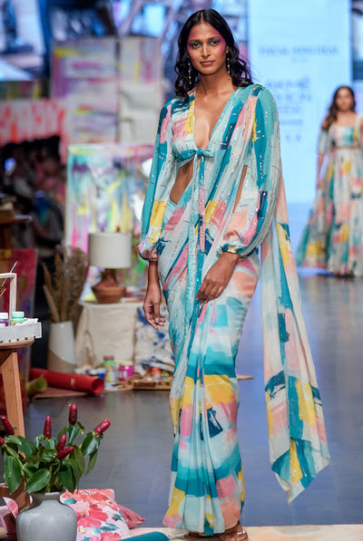 payal singhal Naisha Blue Painterly Print Georgette Embroidered Front Tie-Up Choli And Pre-stitched Saree With Embroidered Pallu blue festive fusion indian designer wear online shopping melange singapore