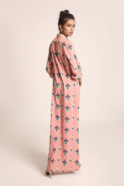 PayaL Singhal Coral Printed Art Crepe Shirt Dress coral indian designer wear online shopping melange singapore