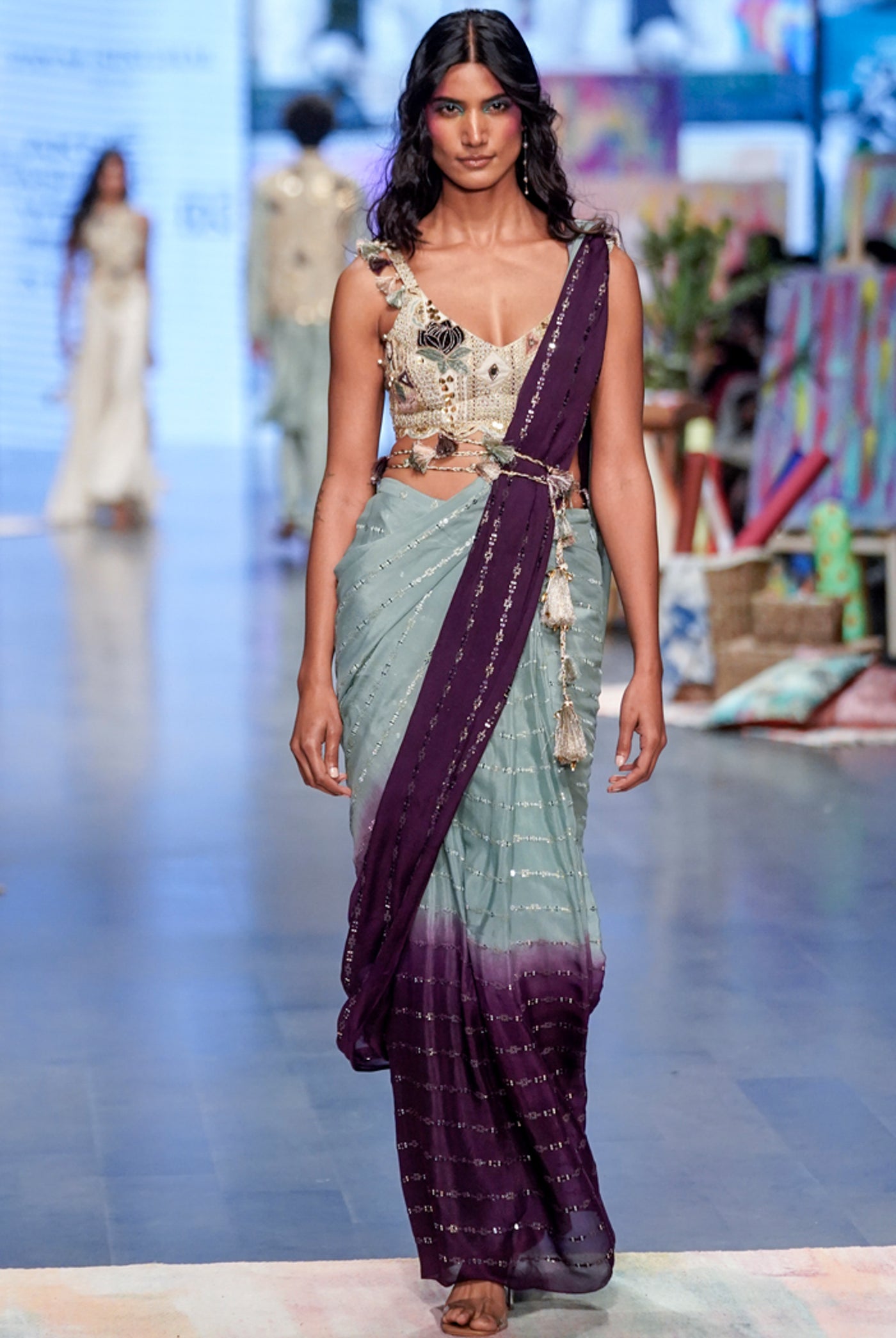 payal singhal Niya Off White Georgette Embroidered Choli With Powder Blue And Purple Georgette Sequins Saree festive indian designer wear online shopping melange singapore