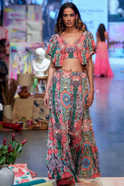 payal singhal Noelle Red Enchanted Print Crepe Embroidered Top With A Frill Skirt festive fusion indian designer wear online shopping melange singapore