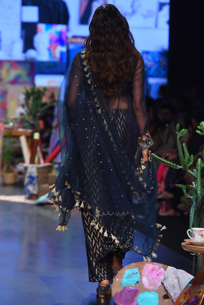 payal singhal Noora Navy Organza Embroidered Yoke Anarkali With Banarasi Georgette Palazzo And Dupatta festive fusion indian designer wear online shopping melange singapore