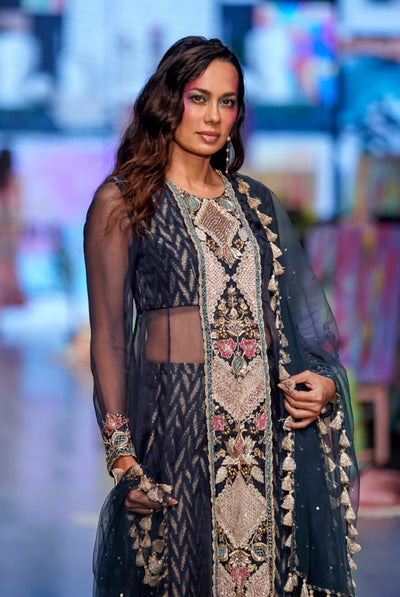 payal singhal Noora Navy Organza Embroidered Yoke Anarkali With Banarasi Georgette Palazzo And Dupatta festive fusion indian designer wear online shopping melange singapore