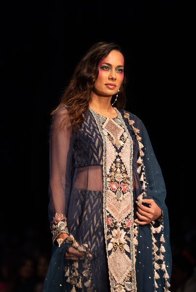 payal singhal Noora Navy Organza Embroidered Yoke Anarkali With Banarasi Georgette Palazzo And Dupatta festive fusion indian designer wear online shopping melange singapore