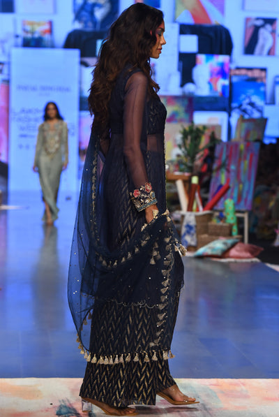 payal singhal Noora Navy Organza Embroidered Yoke Anarkali With Banarasi Georgette Palazzo And Dupatta festive fusion indian designer wear online shopping melange singapore
