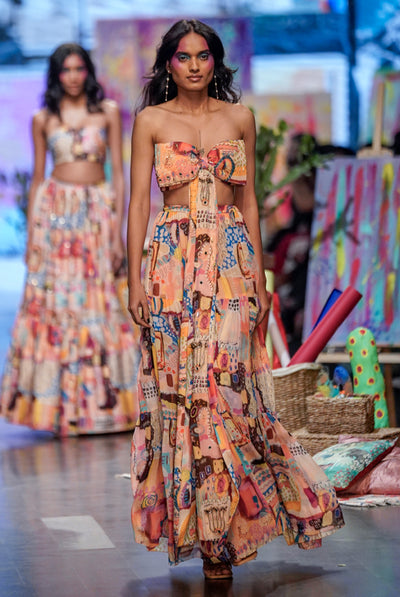 Payal singhal Nora Trance Print Art Georgette Bustier With Embroidered Bow And Skirt peach indian designer wear online shopping melange singapore