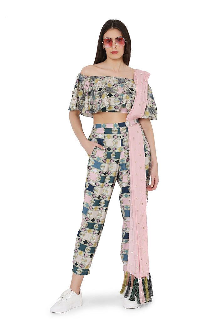 Payal singhal Off Shoulder Top With Jogger Pant And Dupatta green pink online shopping melange singapore indian designer wear