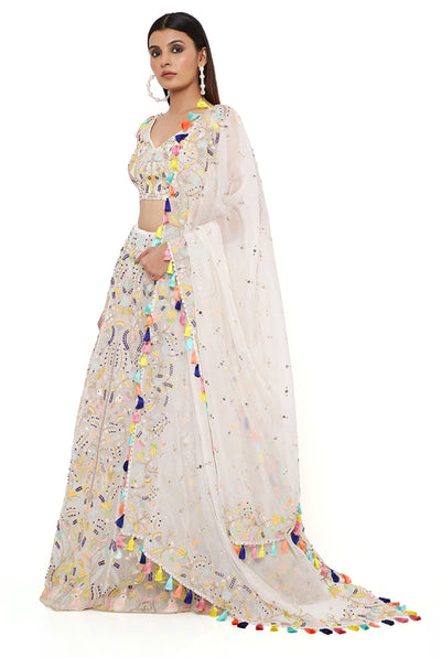 payal singhal Off White Organza Embroidered Choli And Lehenga With Mukaish Organza Dupatta online shopping melange singapore indian designer wear wedding bridal