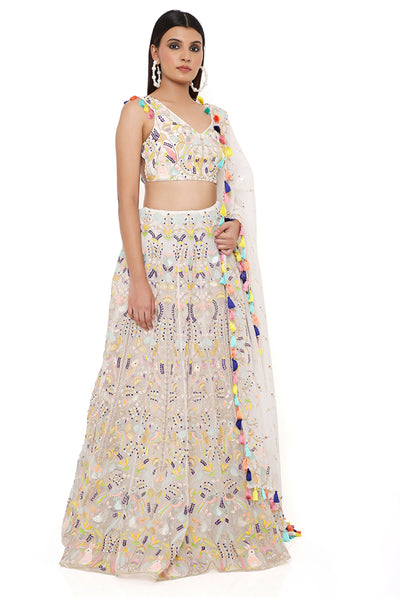 payal singhal Off White Organza Embroidered Choli And Lehenga With Mukaish Organza Dupatta online shopping melange singapore indian designer wear wedding bridal