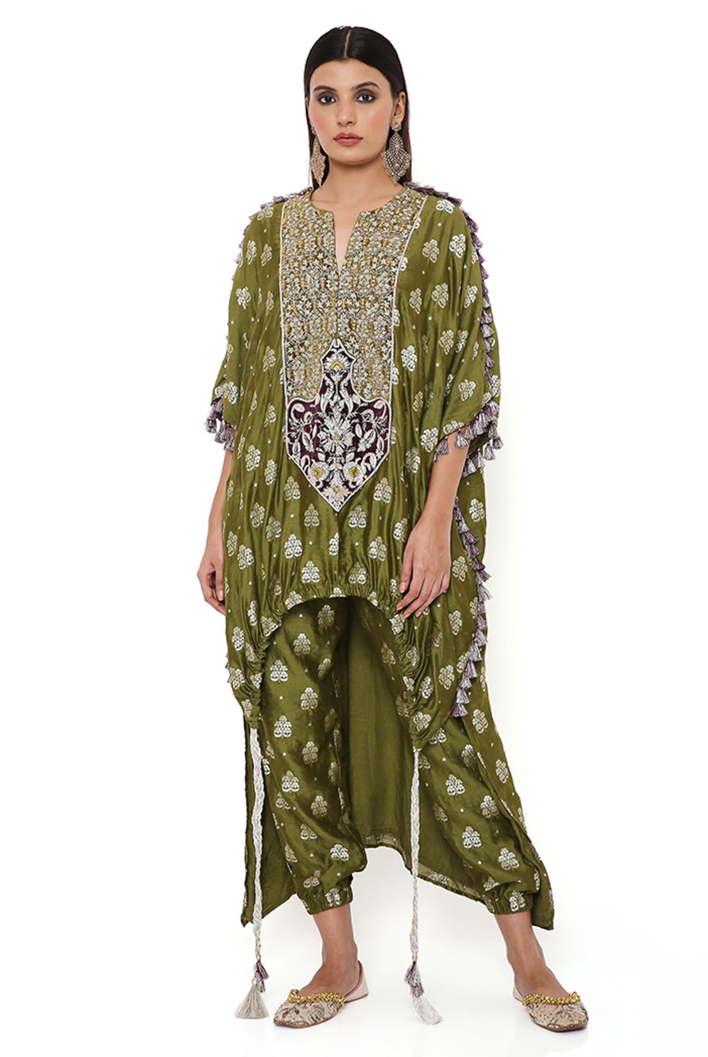 payal singhal Olive Banarasi High Low Kurta With Jogger Pants festive indian designer wear online shopping melange singapore green