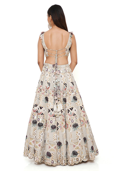 payal singhal Padma Off White Georgette Embroidered Choli And Lehenga With Mukaish Organza Dupatta And Rose Pink Embroidered Tulle Veil online shopping melange singapore indian designer wear bridal wedding