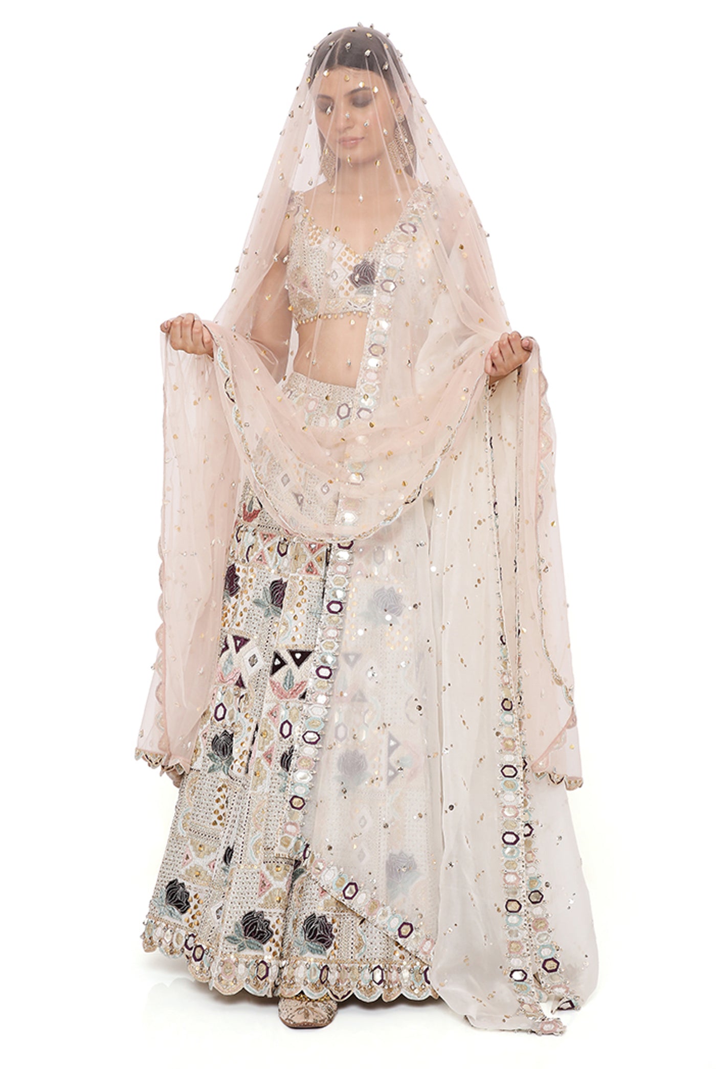 payal singhal Padma Off White Georgette Embroidered Choli And Lehenga With Mukaish Organza Dupatta And Rose Pink Embroidered Tulle Veil online shopping melange singapore indian designer wear bridal wedding