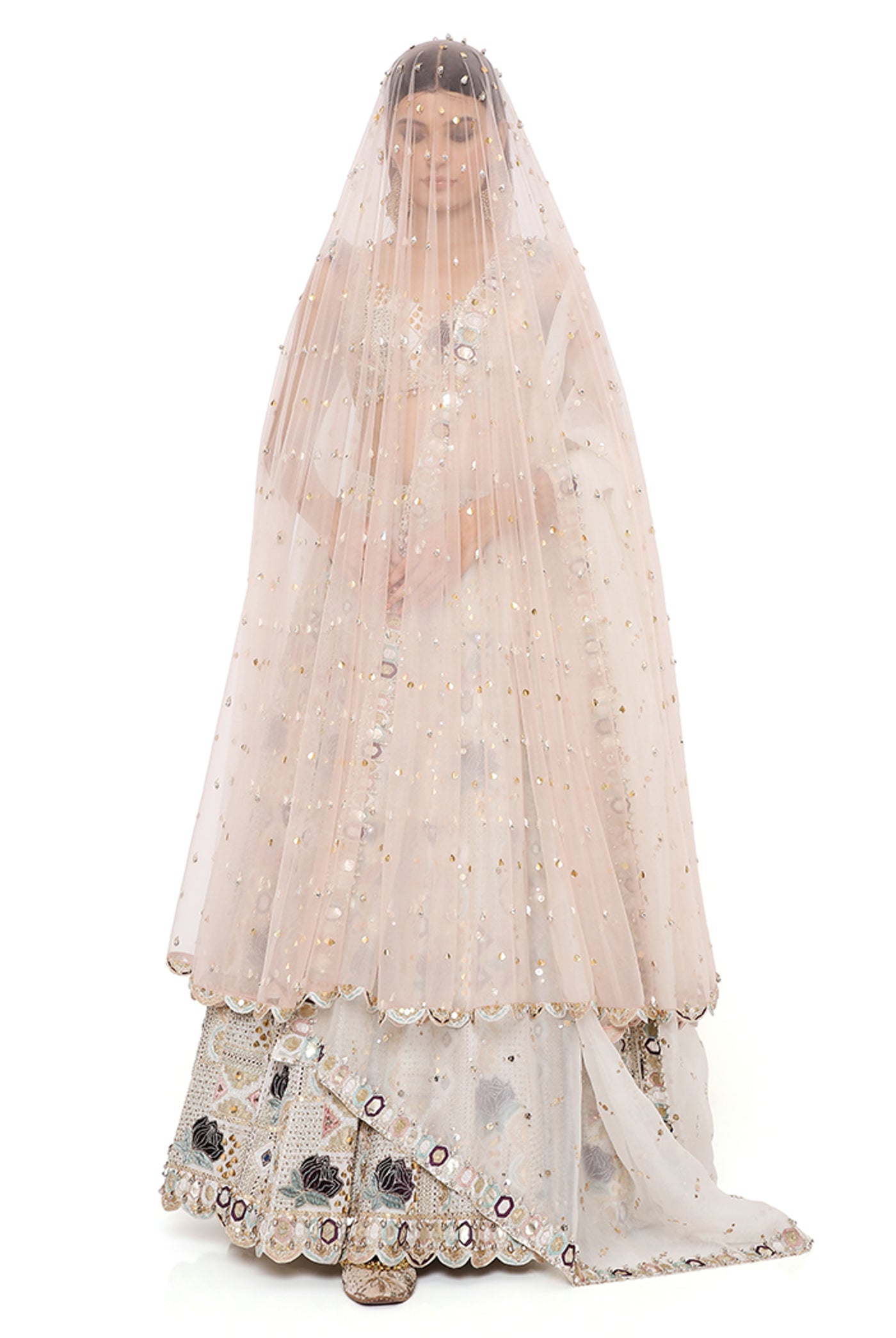 payal singhal Padma Off White Georgette Embroidered Choli And Lehenga With Mukaish Organza Dupatta And Rose Pink Embroidered Tulle Veil online shopping melange singapore indian designer wear bridal wedding