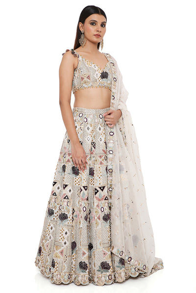 payal singhal Padma Off White Georgette Embroidered Choli And Lehenga With Mukaish Organza Dupatta And Rose Pink Embroidered Tulle Veil online shopping melange singapore indian designer wear bridal wedding