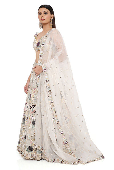 payal singhal Padma Off White Georgette Embroidered Choli And Lehenga With Mukaish Organza Dupatta And Rose Pink Embroidered Tulle Veil online shopping melange singapore indian designer wear bridal wedding