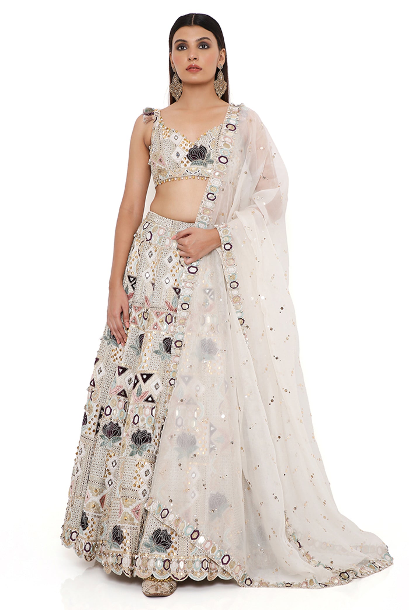 payal singhal Padma Off White Georgette Embroidered Choli And Lehenga With Mukaish Organza Dupatta And Rose Pink Embroidered Tulle Veil online shopping melange singapore indian designer wear bridal wedding