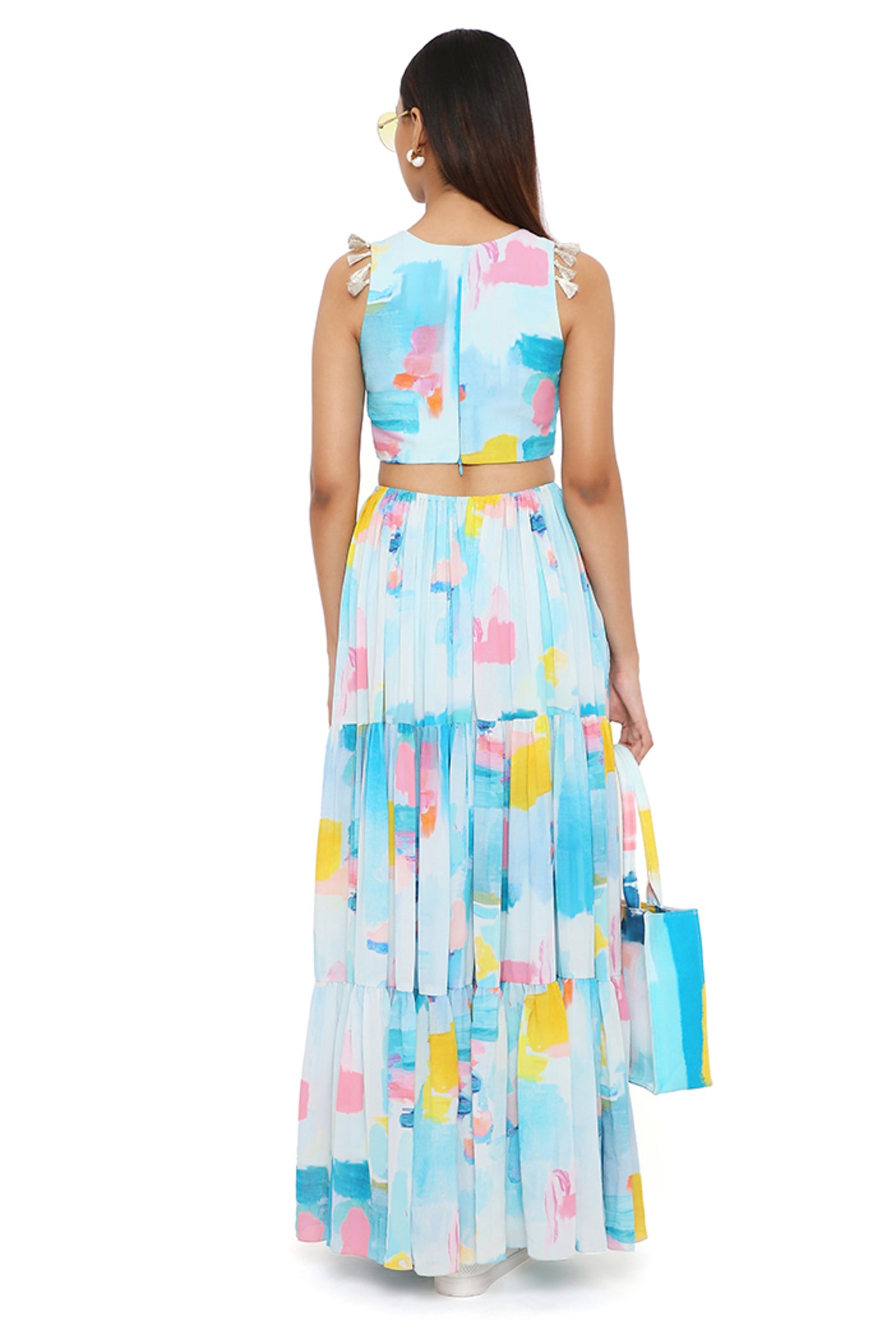 payal singhal Painterly Print Crepe Cut-Out Dress aqua blue online shopping melange singapore indian designer wear
