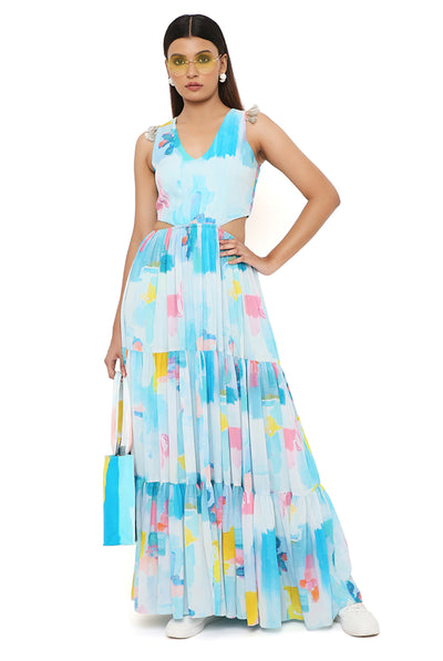 payal singhal Painterly Print Crepe Cut-Out Dress aqua blue online shopping melange singapore indian designer wear